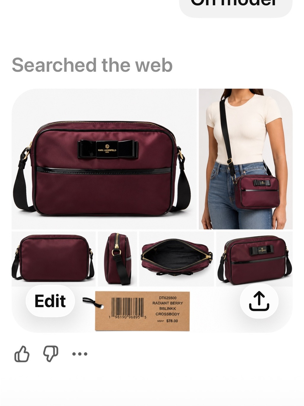 Karl Lagerfeld Burgundy Crossbody with Black Patent Bow - Picture 3 of 4